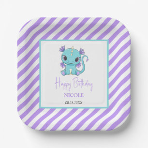 Cute Baby Dragon Purple Stripes Birthday Paper Plates