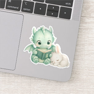 Cute Baby Dragon Reading Book Nursery Watercolor Sticker