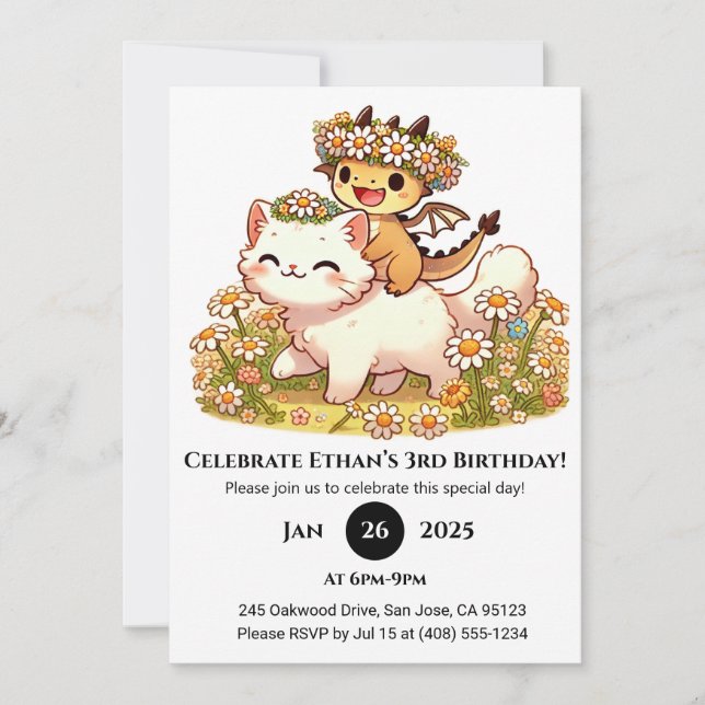 Cute Baby Dragon Riding White Cat Birthday Invitation (Front)