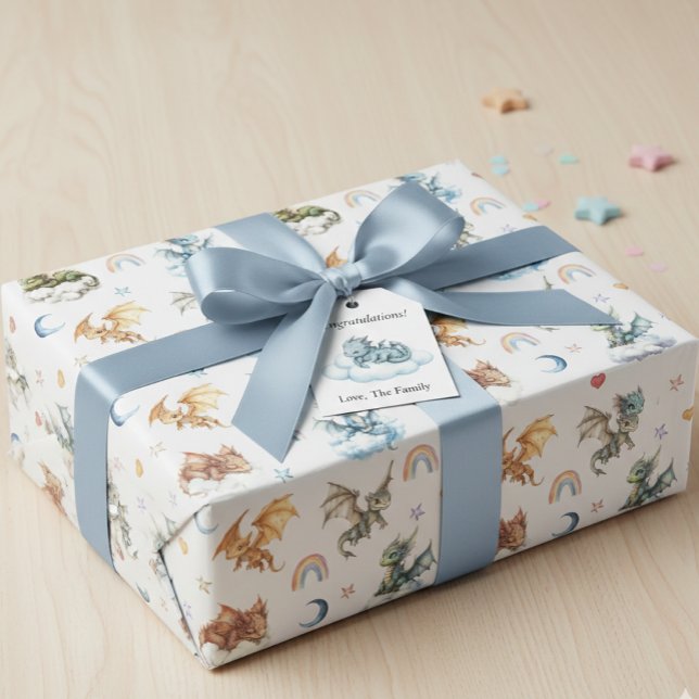 Cute Baby Dragon Watercolor Clouds Night Wrapping Paper (Creator Uploaded)