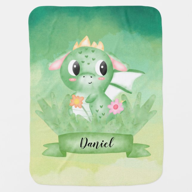 Cute Baby Dragon Watercolour Baby Blanket (Front)