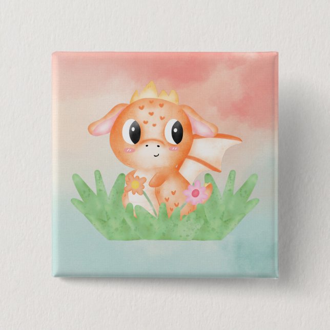 Cute Baby Dragon Watercolour Badge Button (Front)