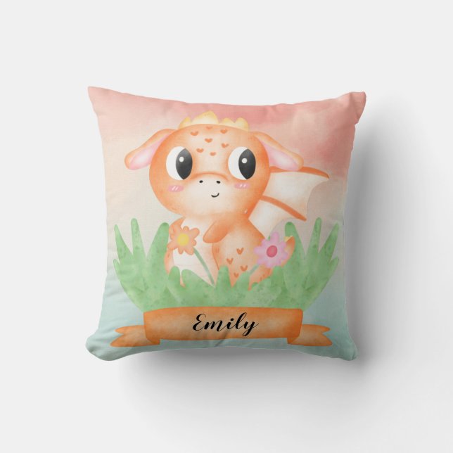 Cute Baby Dragon Watercolour Cushion (Front)