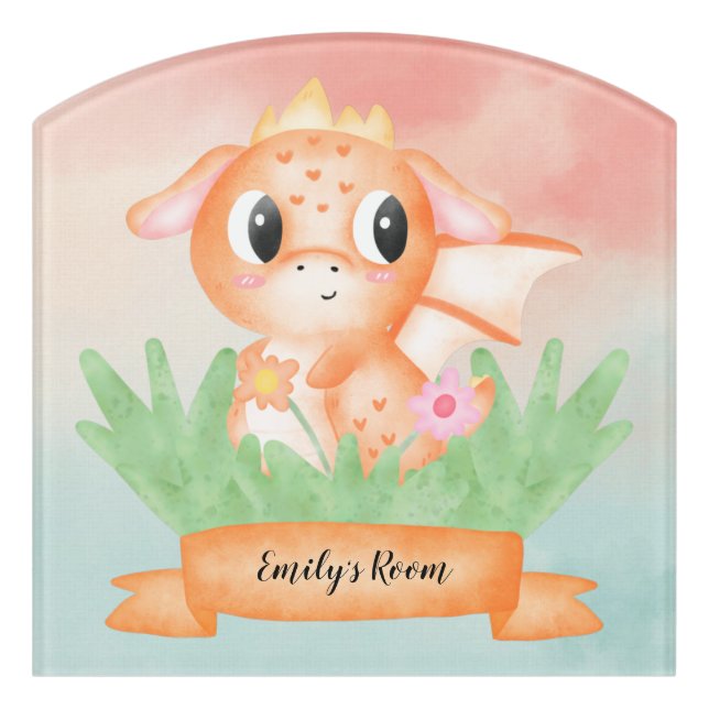 Cute Baby Dragon Watercolour Door Sign (Contour Front)