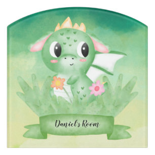 Cute Baby Dragon Watercolour Door Sign