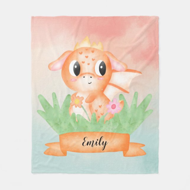 Cute Baby Dragon Watercolour Fleece Blanket (Front)