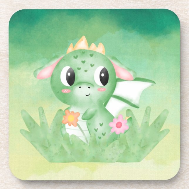 Cute Baby Dragon Watercolour Hard Plastic Coaster (Front)