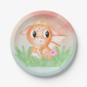 Cute Baby Dragon Watercolour Paper Plate