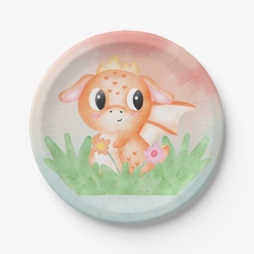 Cute Baby Dragon Watercolour Paper Plate