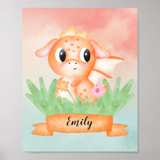 Cute Baby Dragon Watercolour Poster
