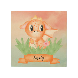 Cute Baby Dragon Watercolour Wood Wall Art