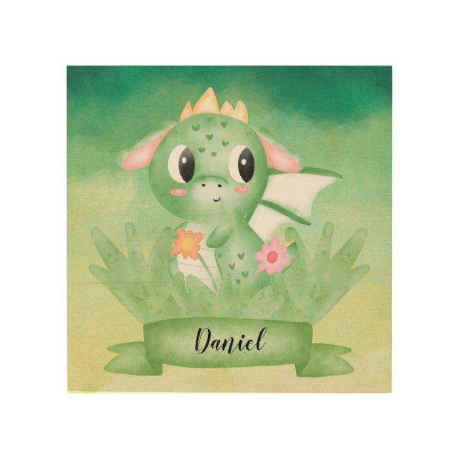 Cute Baby Dragon Watercolour Wood Wall Art (Front)