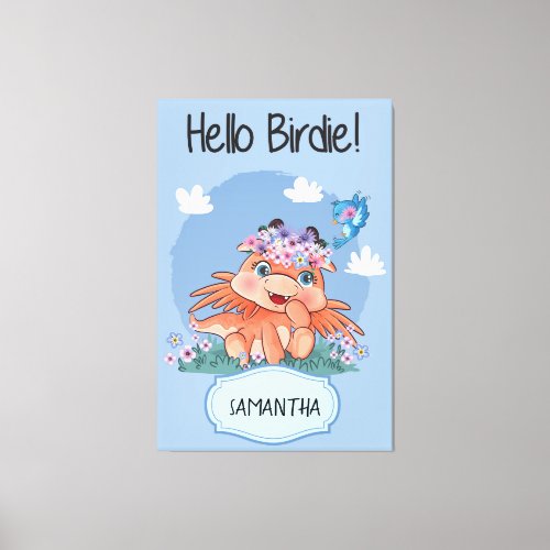 Cute baby dragon with boho floral wreath and bird canvas print