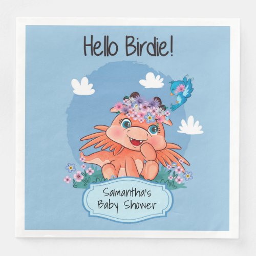 Cute baby dragon with boho floral wreath and bird  paper dinner napkins