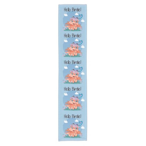 Cute baby dragon with boho wreath and bird blue short table runner
