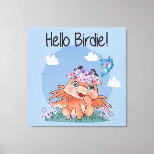 Cute baby dragon with boho wreath and bird kids canvas print