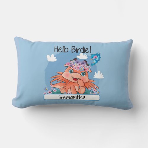Cute baby dragon with boho wreath and bird kids lumbar pillow