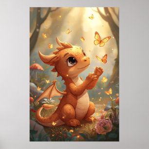 Cute Baby Dragon with Butterflies Nursery Wall Art