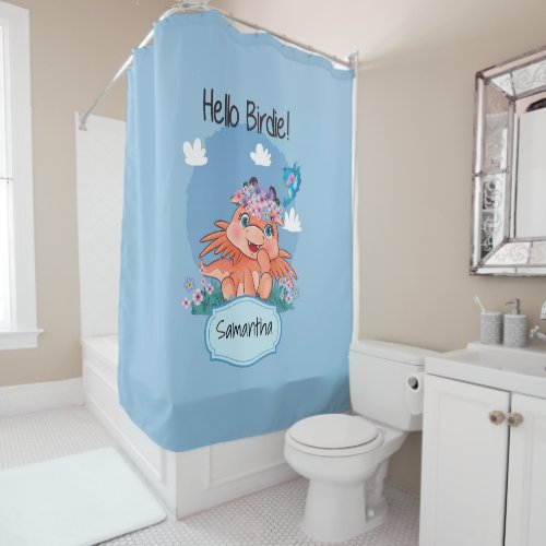 Cute baby dragon with floral boho wreath and bird shower curtain