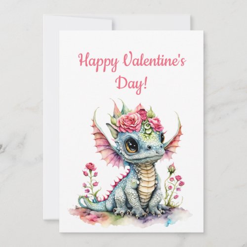 Cute Baby Dragon With Hearts Floral Valentine Holiday Card