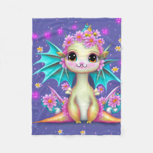 Cute Baby Dragon with Pink Flowers Fleece Blanket