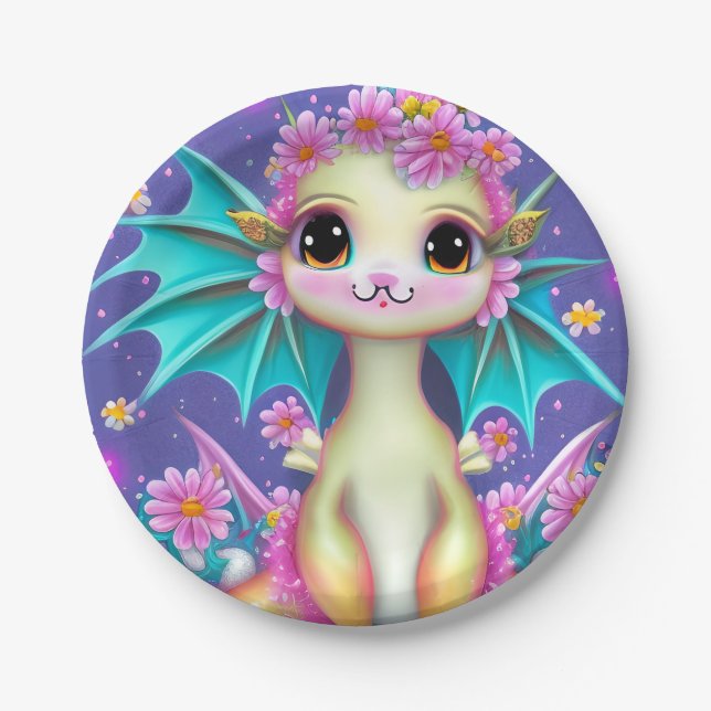 Cute Baby Dragon with Pink Flowers Fleece Blanket Paper Plates (Front)