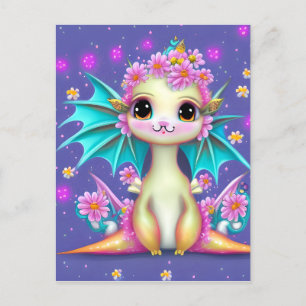 Cute Baby Dragon with Pink Flowers Postcard