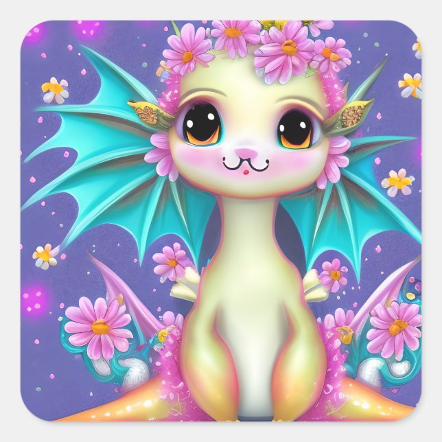 Cute Baby Dragon with Pink Flowers  Square Sticker (Front)