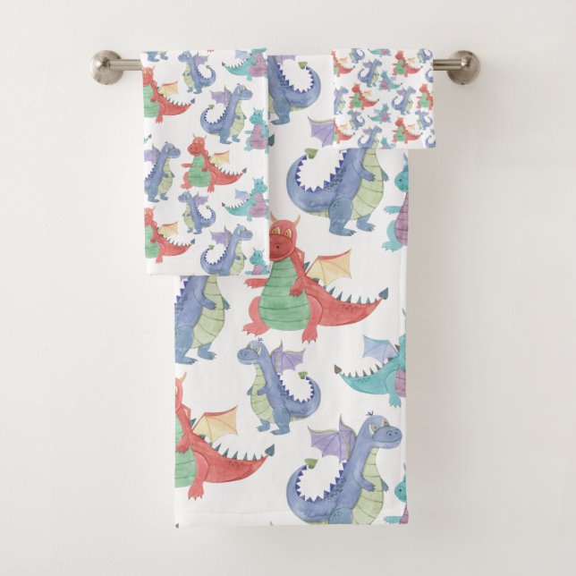 Cute Baby Dragons Happy Dancing Funny Cartoon Kids Bath Towel Set (Insitu)