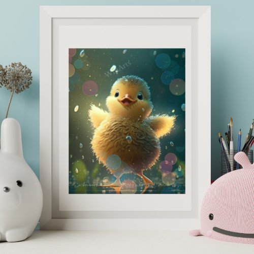 Cute Baby Duck Dancing in the Rain Art Poster