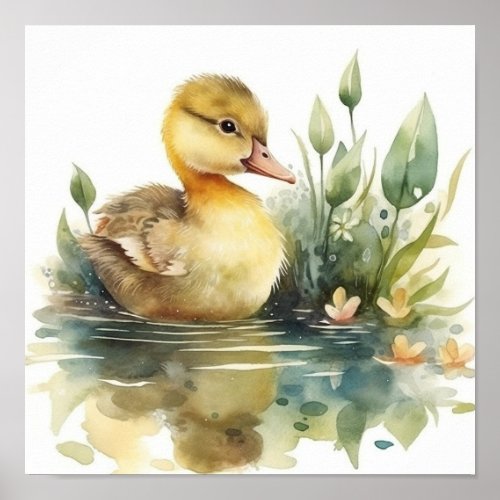 Cute Baby Duck Duck on a Pond Watercolor Poster