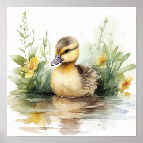 Cute Baby Duck Duck on a Pond Watercolor Poster