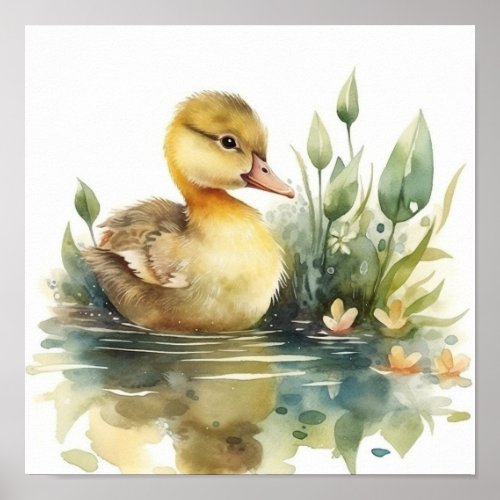 Cute Baby Duck Duck on a Pond Watercolor Poster