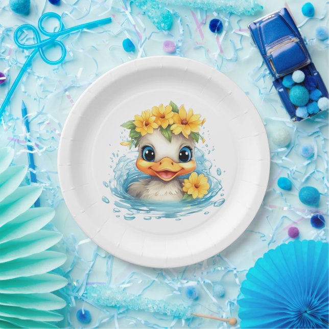 Cute Baby Duck Ducklings Fun animals flowers Paper Plates (Party)