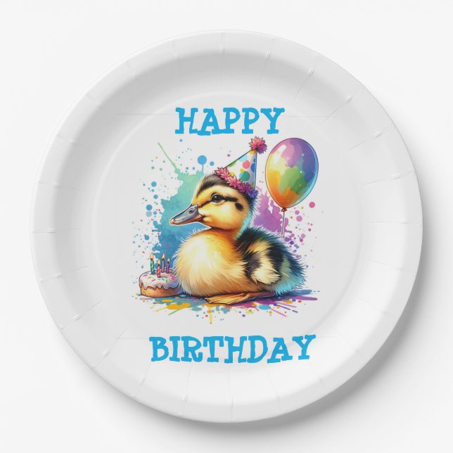Cute baby duck happy birthda paper plates (Front)