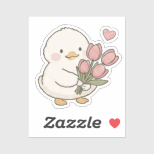 Cute Baby Duck Holding Tulip Bouquet Aesthetic Sticker