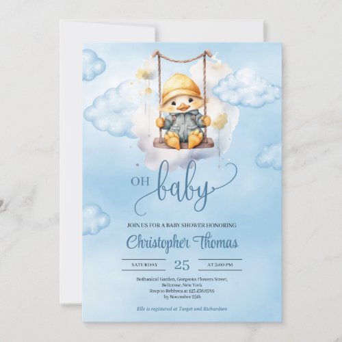 Cute baby duck on swing in the sky Oh Baby Invitation