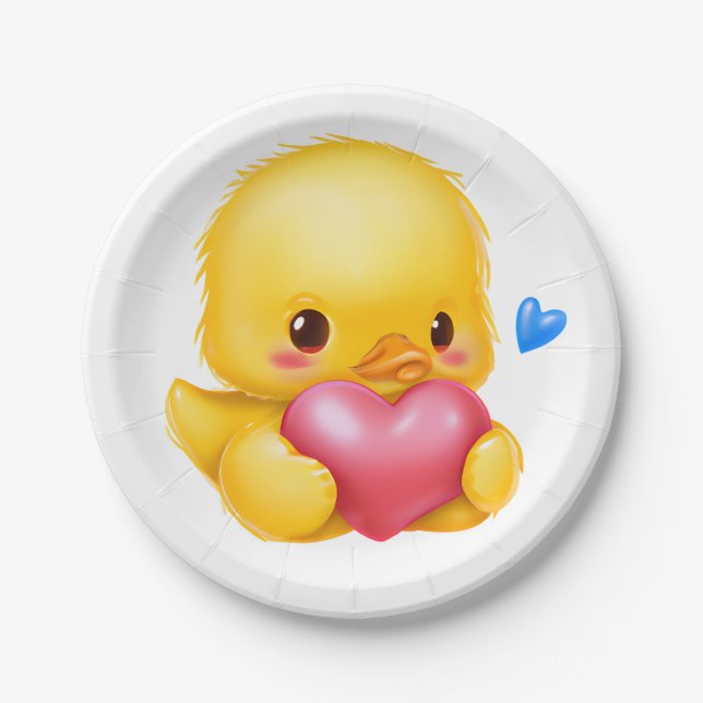 Cute Baby Duckling with a Pink Valentine Heart  Paper Plates (Front)