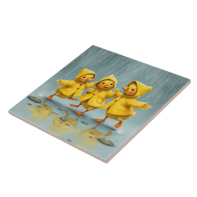 Cute Baby Ducks Dancing Between the Raindwops Ceramic Tile (Side)