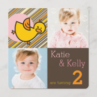 Cute Baby Ducks Twins Girls Birthday Photo Invite