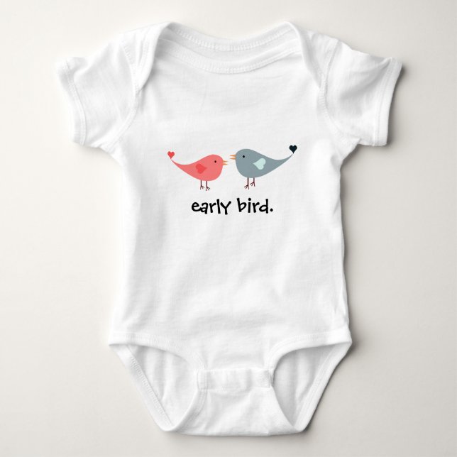 cute baby early bird bodysuit with bird cartoons. (Front)