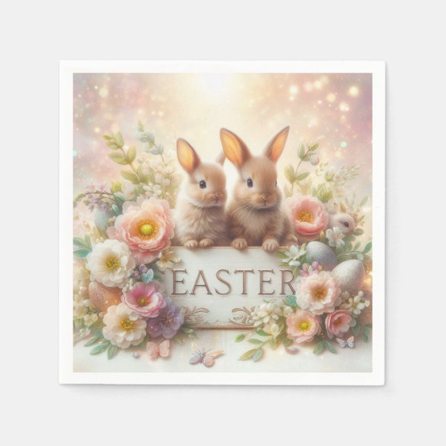 Cute Baby Easter Bunnies and Flowers Napkins (Front)