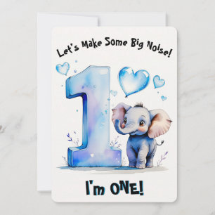 Cute Baby Elephant 1st Birthday - Boys Blue Heart Invitation
