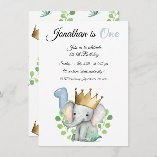 Cute Baby Elephant 1st Birthday Jungle theme  Invitation