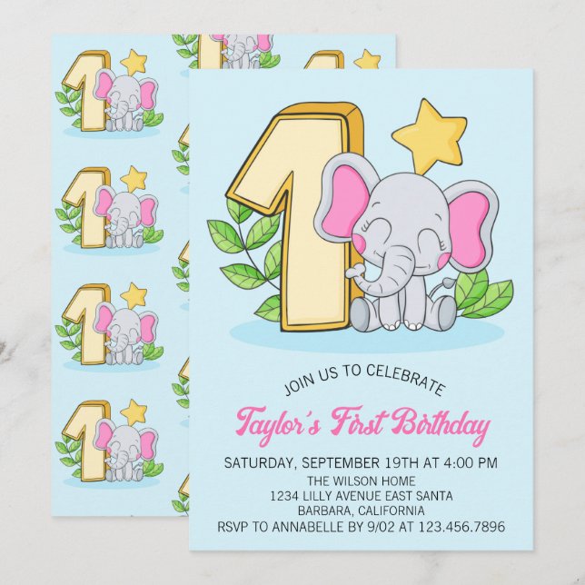 Cute Baby Elephant 1st Birthday Party Invitation (Front/Back)
