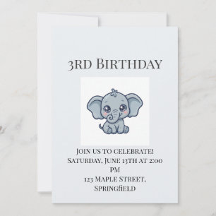 Cute Baby Elephant 3rd Birthday Invitation