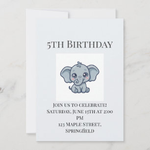 Cute Baby Elephant 5th Birthday Invitation