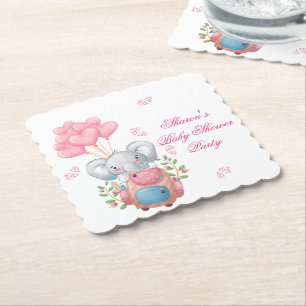 Cute Baby Elephant and Balloon Baby Shower Paper Coaster