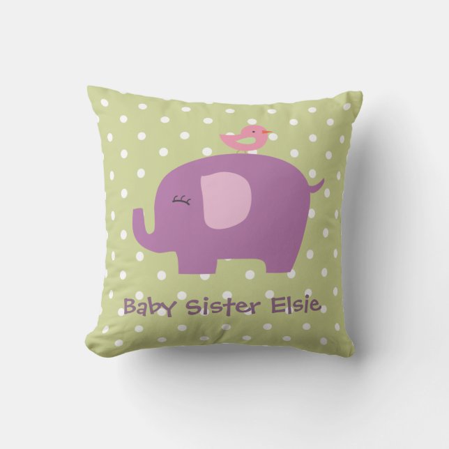 Cute Baby Elephant and Bird Personalized Pillow (Front)