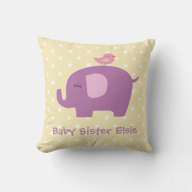 Cute Baby Elephant and Bird Personalized Pillow (Front)